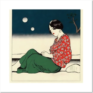 Pensive asian woman sitting on the floor Posters and Art